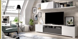Mueble de salón modelo ken en color blanco brillo y grafito