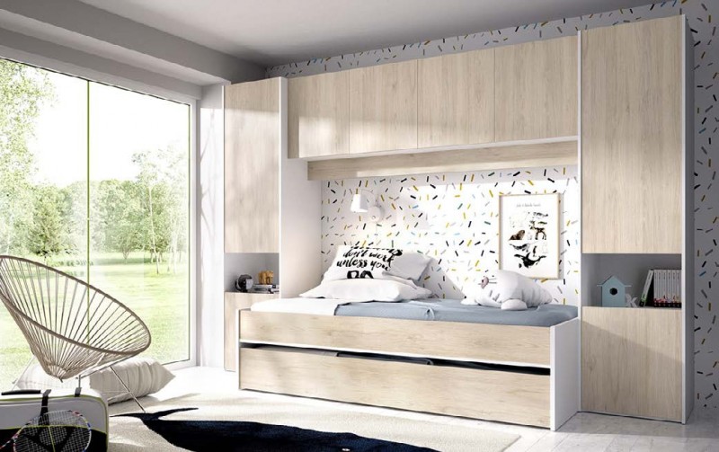 Dormitorio juvenil con armario arcón, armario puerta cristal, cama